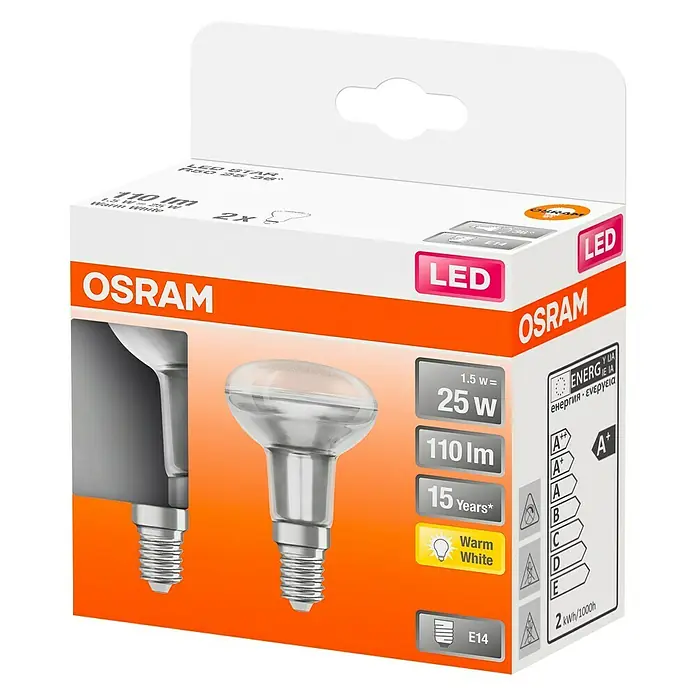 Osram Star Ledlamp R50 25 - E14, 1,5 W, T 50, 110 lm, 2 stk. - Diagonaal zicht