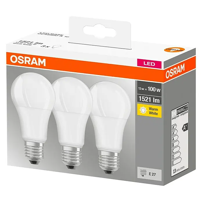 Osram Bombilla LED - 13 W, E27, Blanco cálido, No regulable, 3 uds. - Vista angular