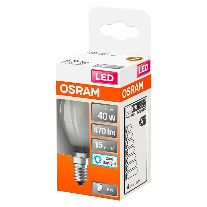 Osram Retrofit Ledlamp Classic P 40 - E14, 4 W, 470 lm, Daglicht wit - Diagonaal zicht