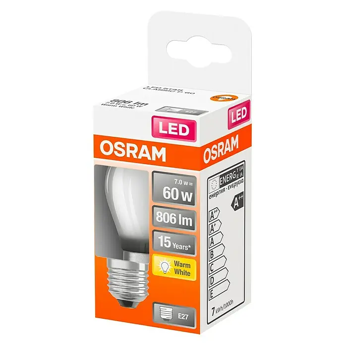 Osram Retrofit Ledlamp Classic P 60 - E27, 7 W, P45, 806 lm - Diagonaal zicht