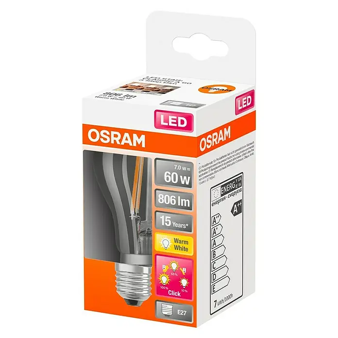 Osram Retrofit Ledlamp A 60 Tripe Step Dimmable - E27, 7 W, A60, 806 lm, Warm wit - Diagonaal zicht