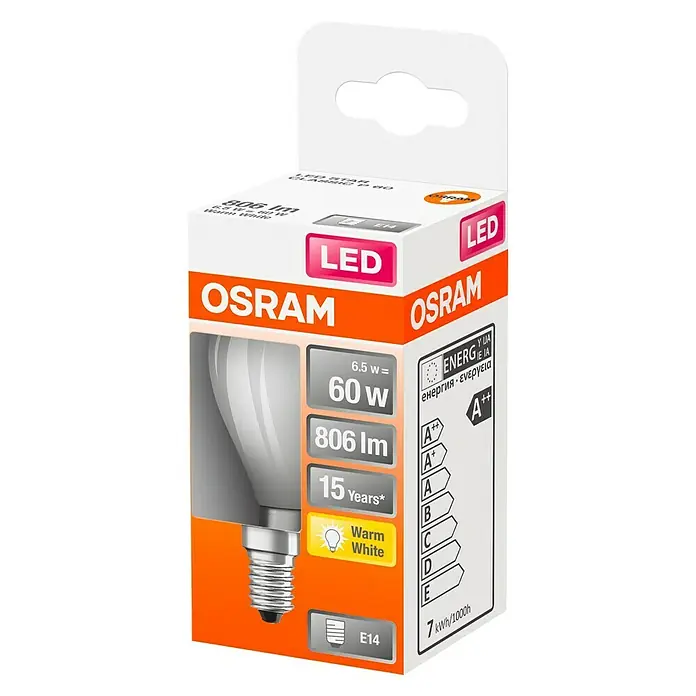 Osram Retrofit Ledlamp Classic P 60 Matt - E14, 6,5 W, 806 lm, Warm wit, Mat - Diagonaal zicht