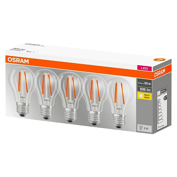 Osram Star Ledlamp - 5 stk., 7 W, E27, Warm wit, Helder - Diagonaal zicht