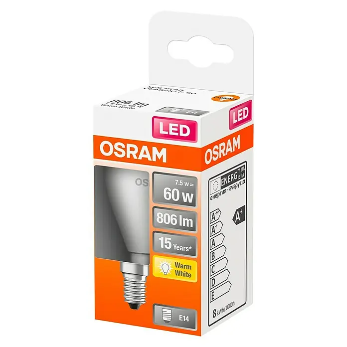 Osram Star Bombilla LED Classic P 60 - E14, 7,5 W, 806 lm, Color de luz: Blanco cálido - Vista angular