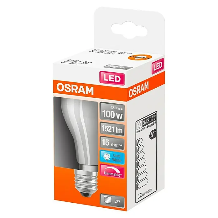 Osram Retrofit Ledlamp A 100 Dimmable - E27, 12 W, 1.521 lm - Diagonaal zicht