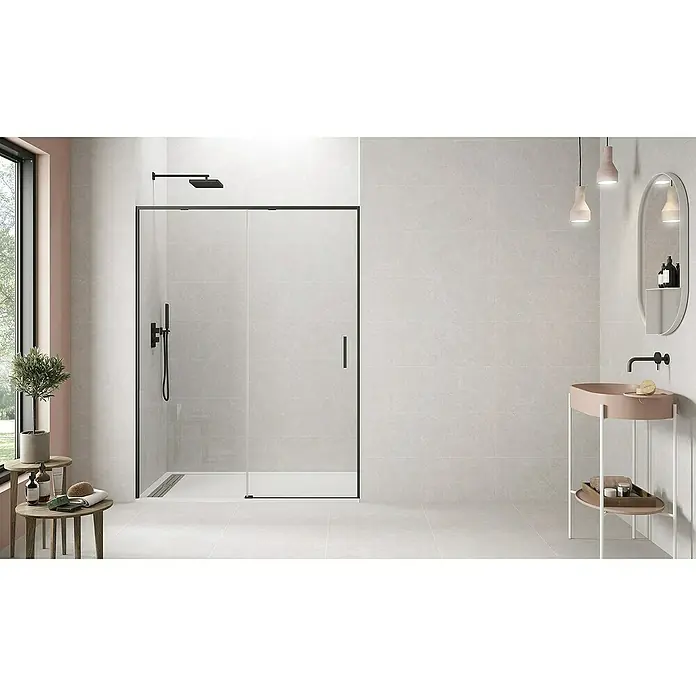 GME Mampara de ducha frontal Twenty - 150 x 195 cm, Vidrio transparente, Espesor: 6 mm, Negro - Foto ambiente