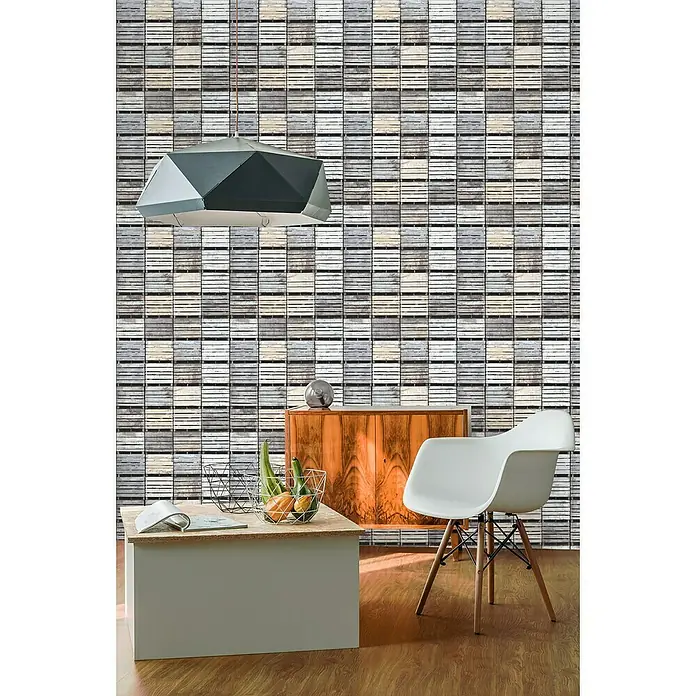 Dutch Wallcoverings Vliesbehang Kisten Grijs - Grijs, Houtlook, 10,05 x 0,53 m - Sfeeropname