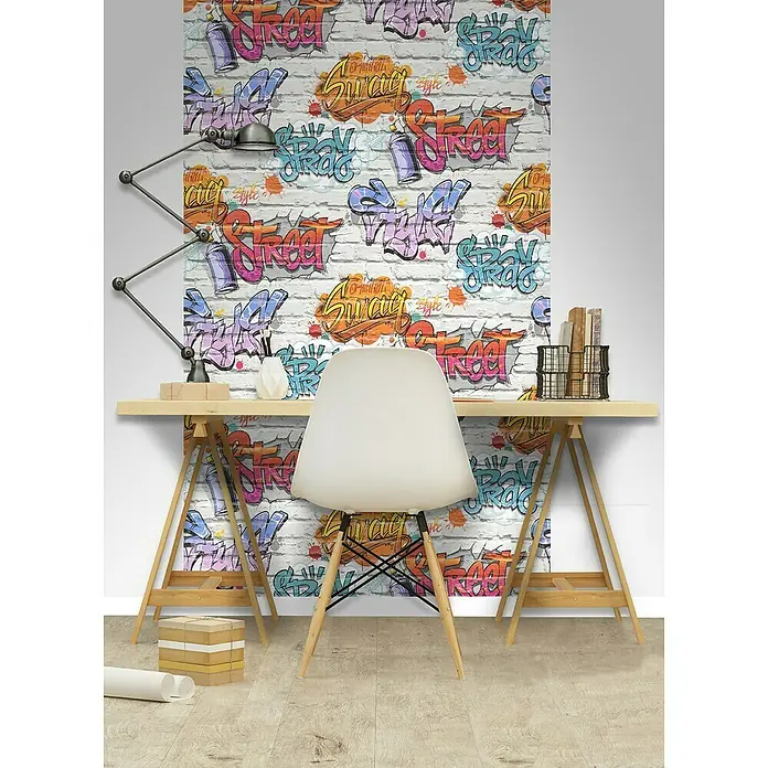 Dutch Wallcoverings Papierbehang Bakstenen Wit/Graffiti - Wit, Steenlook, 10 x 0,53 m - Sfeeropname