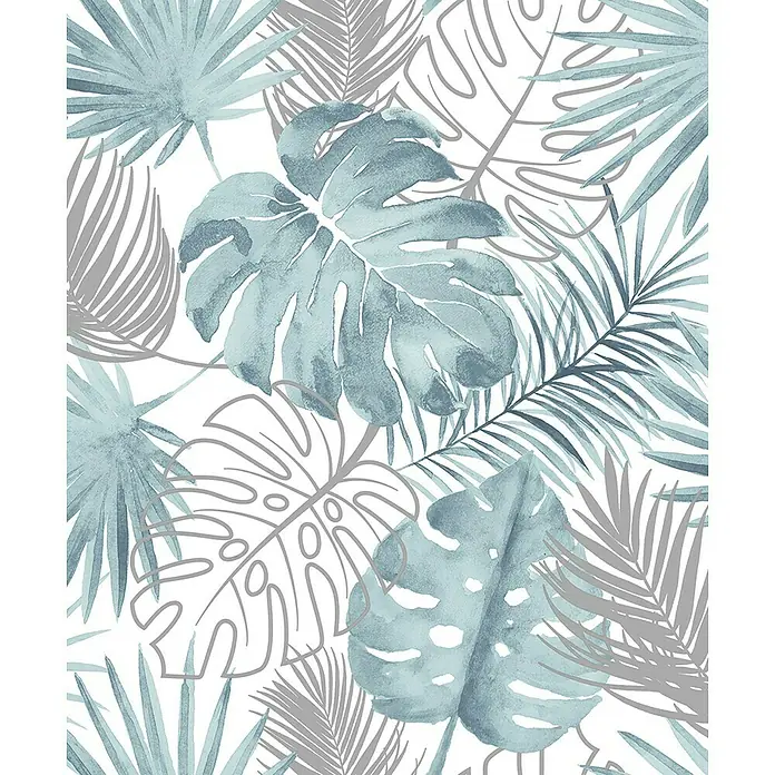 Dutch Wallcoverings Vliesbehang Palmbladeren Blauw/Zilver - Blauw/Zilver, 10,05 x 0,53 m - Close-up
