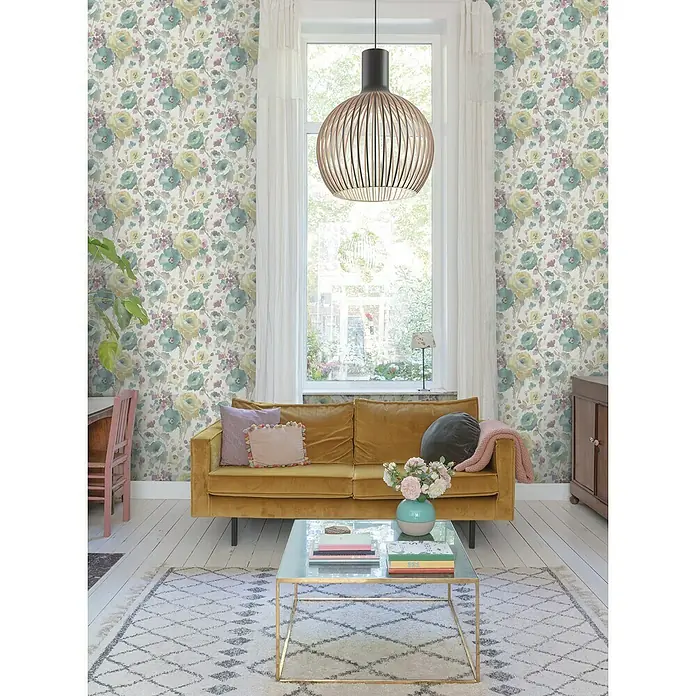 Dutch Wallcoverings Vliesbehang Bloem Blauw/Roze - Blauw/roze, Gebloemd, 10,05 x 0,53 m - Sfeeropname