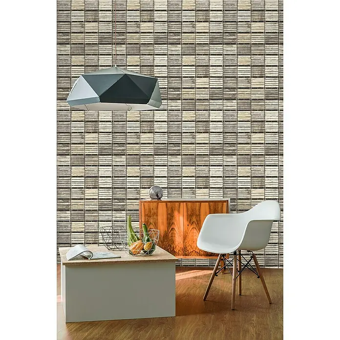 Dutch Wallcoverings Vliesbehang Kisten Beige - Beige, Houtlook, 10,05 x 0,53 m - Sfeeropname