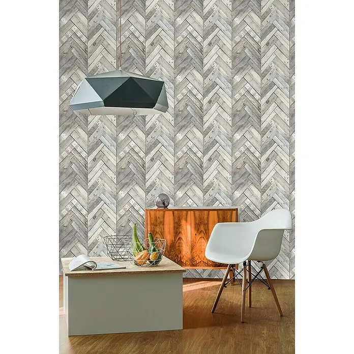 Dutch Wallcoverings Vliesbehang Hout/Visgraat Grijs - Grijs, Houtlook, 10,05 x 0,53 m - Sfeeropname