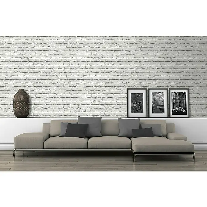 Dutch Wallcoverings Papierbehang Bakstenen Wit - Wit, Steenlook, 10 x 0,53 m - Sfeeropname