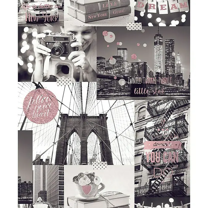 Dutch Wallcoverings Papierbehang New York Grijs/Roze - Grijs/roze, 10 x 0,53 m - Close-up