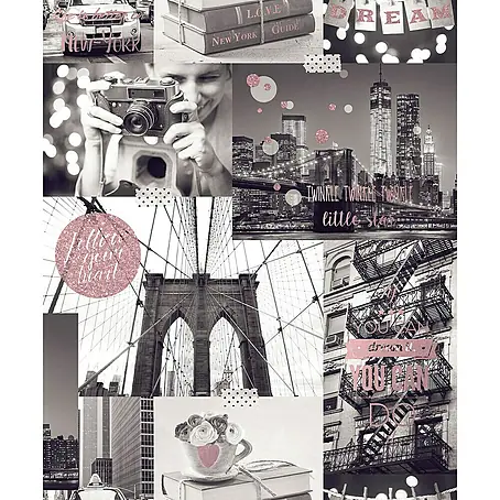 Dutch Wallcoverings  Papierbehang New York Grijs/Roze