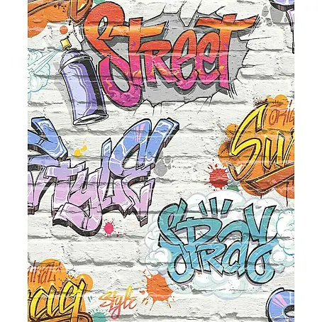 Dutch Wallcoverings  Papierbehang Bakstenen Wit/Graffiti