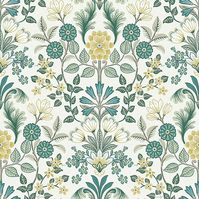 Dutch Wallcoverings Vliesbehang Bloem Groen/Geel - Groen/geel/crème, Gebloemd, 10,05 x 0,53 m - Close-up