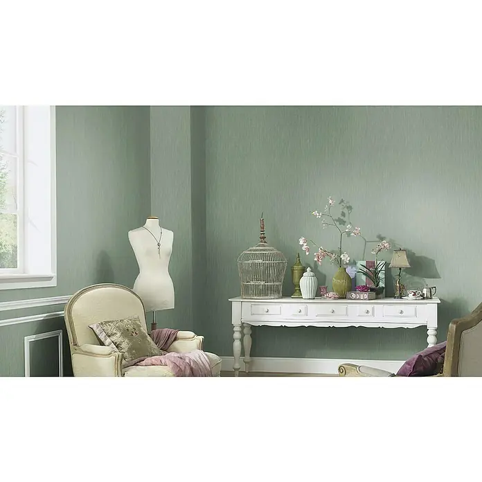 Dutch Wallcoverings Vliesbehang Uni Groen - Groen, Uni, 10,05 x 0,53 m - Sfeeropname