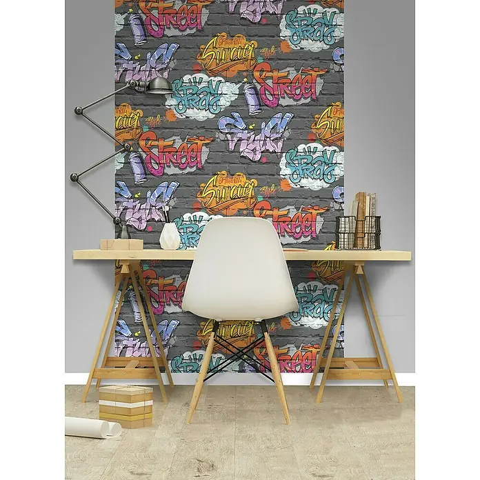 Dutch Wallcoverings Papierbehang Bakstenen Zwart/Graffiti - Zwart, Steenlook, 10 x 0,53 m - Sfeeropname