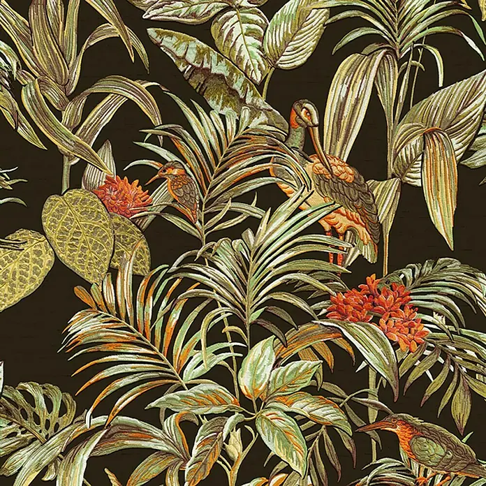 Dutch Wallcoverings Vliesbehang Bird of Paradise Zwart - Zwart, Gebloemd - Close-up