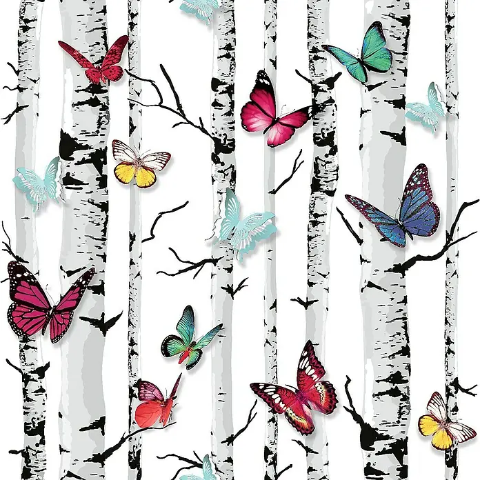 Dutch Wallcoverings Papierbehang Vlinders/Berken - Wit, Diermotief, 10 x 0,53 m - Close-up