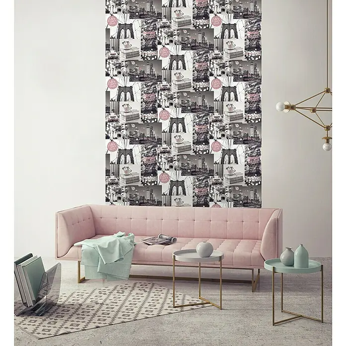 Dutch Wallcoverings Papierbehang New York Grijs/Roze - Grijs/roze, 10 x 0,53 m - Sfeeropname