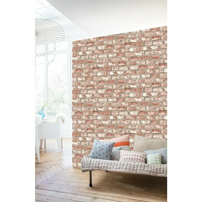 Dutch Wallcoverings Vliesbehang Baksteen Beige - Beige, Steenlook, 10,05 x 0,53 m - Sfeeropname
