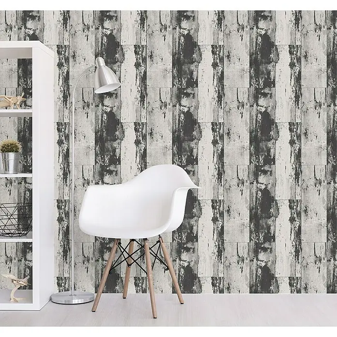 Dutch Wallcoverings Vliesbehang Hout Zwart/Grijs - Grijs/Zwart, Houtlook, 10,05 x 0,53 m - Sfeeropname