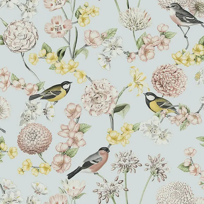 Dutch Wallcoverings Vliesbehang Bloem/Vogel Blauw/Geel - Blauw/Geel, Gebloemd - Close-up