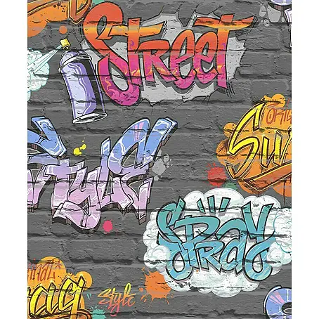 Dutch Wallcoverings  Papierbehang Bakstenen Zwart/Graffiti