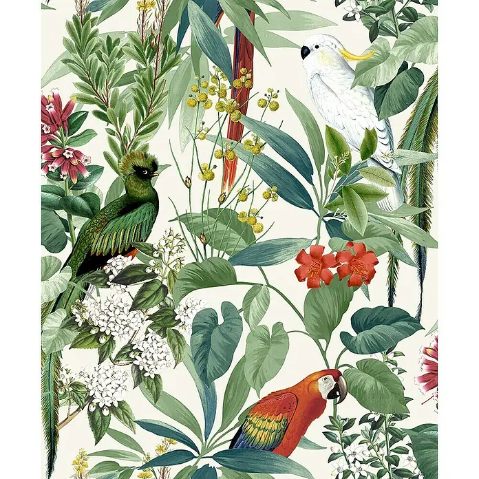 Dutch Wallcoverings Vliesbehang Tropische Vogels Groen - Groen, Gebloemd, 10,05 x 0,53 m - Close-up