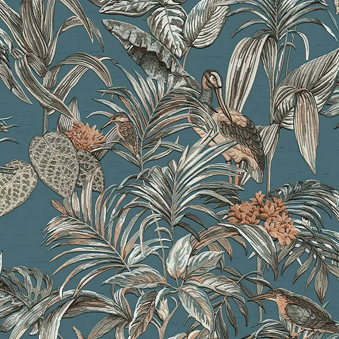 Dutch Wallcoverings Vliesbehang Bird of Paradise Blauw - Blauw, Gebloemd, 10,05 x 0,53 m - Close-up