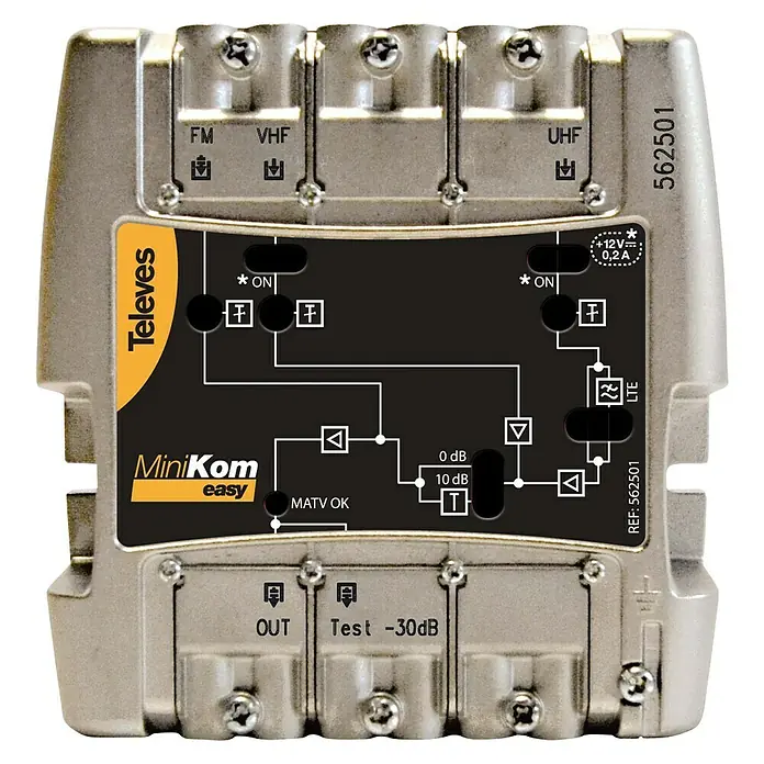 Televés Amplificador banda ancha MiniKom EasyF 3 entradas - L x An x Al: 50 x 103 x 103 mm, Plateado - Vista frontal