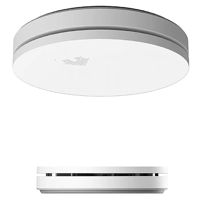 UniTEC Rauchwarnmelder Design - Durchmesser: 12,5 cm, Höhe: 2,5 mm, Batterielaufzeit: 10 Jahre, Alarmsignal: 85 dB, Weiß - Diagonale Ansicht