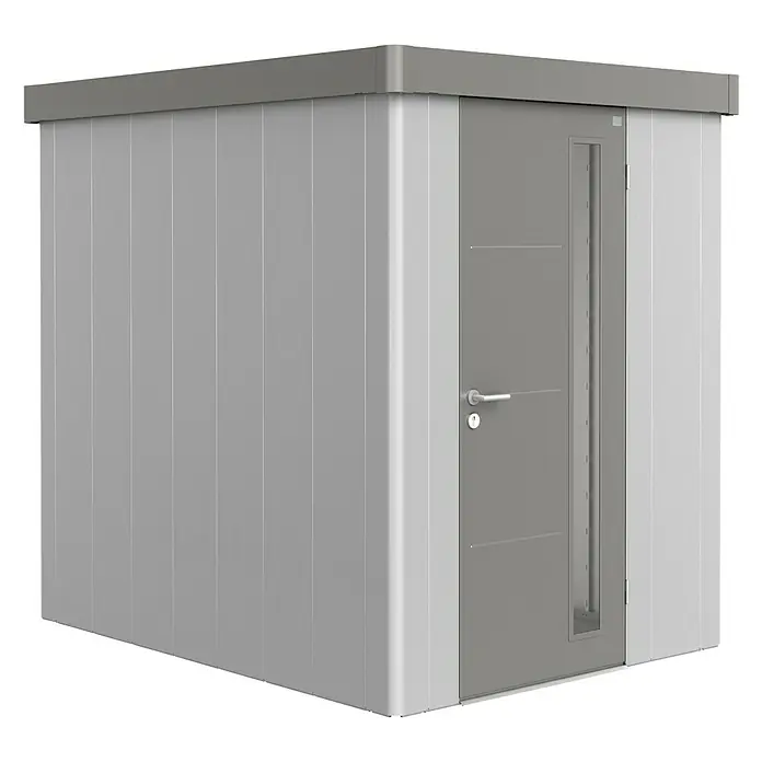 Biohort Gerätehaus Neo 2A - Außenbreite inkl. Dachüberstand: 180 cm, Außentiefe inkl. Dachüberstand: 236 cm, Stahl, Silber Metallic, Quarzgrau Metallic - Diagonale Ansicht