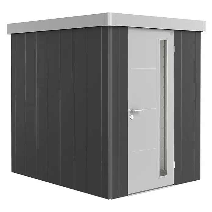 Biohort Gerätehaus Neo 2A - Außenbreite inkl. Dachüberstand: 180 cm, Außentiefe inkl. Dachüberstand: 236 cm, Stahl, Dunkelgrau Metallic, Silber Metallic - Diagonale Ansicht