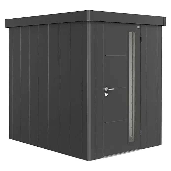 Biohort Gerätehaus Neo 2A - Außenbreite inkl. Dachüberstand: 180 cm, Außentiefe inkl. Dachüberstand: 236 cm, Stahl, Dunkelgrau Metallic - Diagonale Ansicht