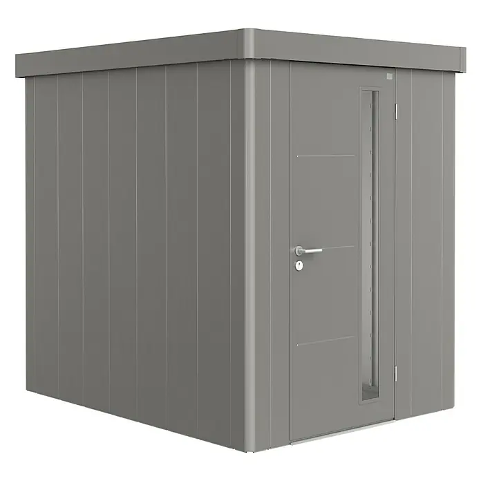 Biohort Gerätehaus Neo 2A - Außenbreite inkl. Dachüberstand: 180 cm, Außentiefe inkl. Dachüberstand: 236 cm, Stahl, Quarzgrau Metallic - Diagonale Ansicht