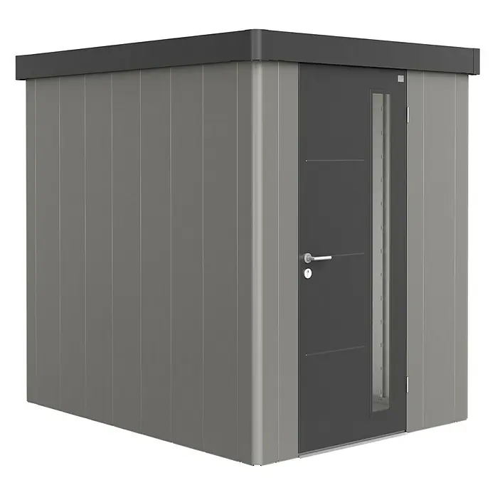Biohort Gerätehaus Neo 2A - Außenbreite inkl. Dachüberstand: 180 cm, Außentiefe inkl. Dachüberstand: 236 cm, Stahl, Quarzgrau Metallic, Dunkelgrau Metallic - Diagonale Ansicht