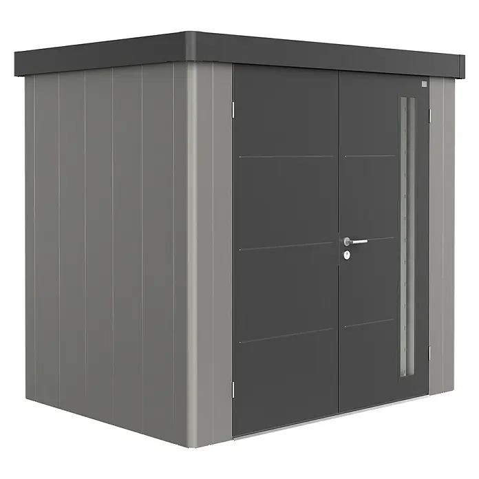 Biohort Gerätehaus Neo 1B - 236 cm, 180 cm, Stahl, Quarzgrau Metallic, Dunkelgrau Metallic, Doppeltür - Diagonale Ansicht