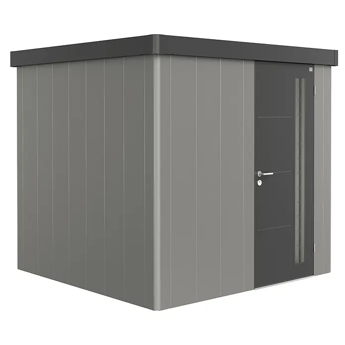 Biohort Gerätehaus Neo 2B - 236 cm, 236 cm, Stahl, Quarzgrau Metallic, Dunkelgrau Metallic, Einzeltür - Diagonale Ansicht