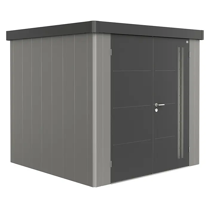 Biohort Gerätehaus Neo 2B - 236 cm, 236 cm, Stahl, Quarzgrau Metallic, Dunkelgrau Metallic, Doppeltür - Diagonale Ansicht