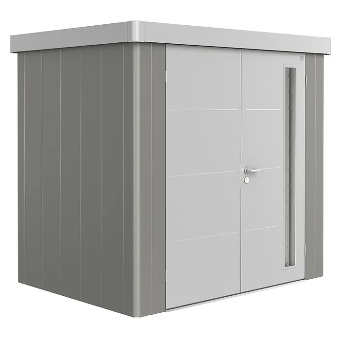 Biohort Gerätehaus Neo 1B - 236 cm, 180 cm, Stahl, Quarzgrau Metallic, Silber Metallic, Doppeltür - Diagonale Ansicht