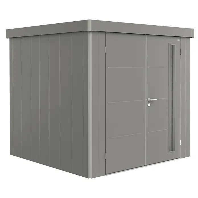 Biohort Gerätehaus Neo 2B - 236 cm, 236 cm, Stahl, Quarzgrau Metallic, Doppeltür - Diagonale Ansicht