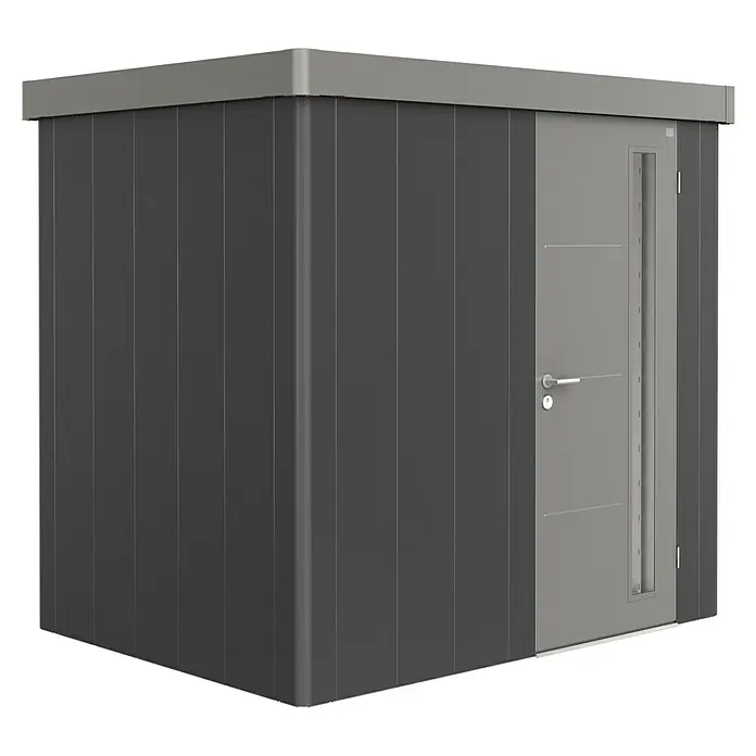 Biohort Gerätehaus Neo 1B - 236 cm, 180 cm, Stahl, Dunkelgrau Metallic, Quarzgrau Metallic, Einzeltür - Diagonale Ansicht