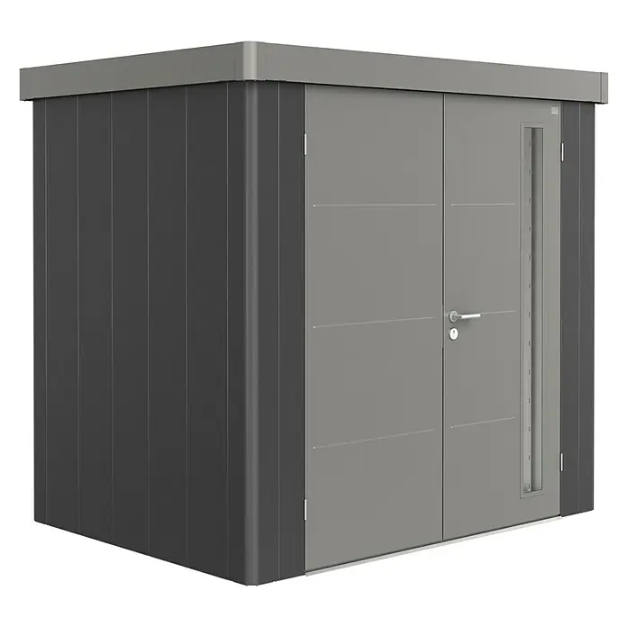Biohort Gerätehaus Neo 1B - 236 cm, 180 cm, Stahl, Dunkelgrau Metallic, Quarzgrau Metallic, Doppeltür - Diagonale Ansicht