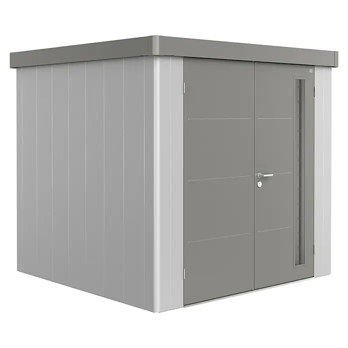 Biohort Gerätehaus Neo 2B - 236 cm, 236 cm, Stahl, Silber Metallic, Quarzgrau Metallic, Doppeltür - Diagonale Ansicht