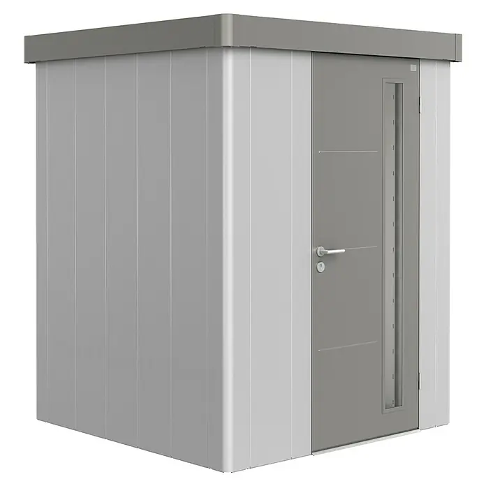 Biohort Gerätehaus Neo 1A - 180 cm, 180 cm, Stahl, Silber Metallic, Quarzgrau Metallic - Diagonale Ansicht