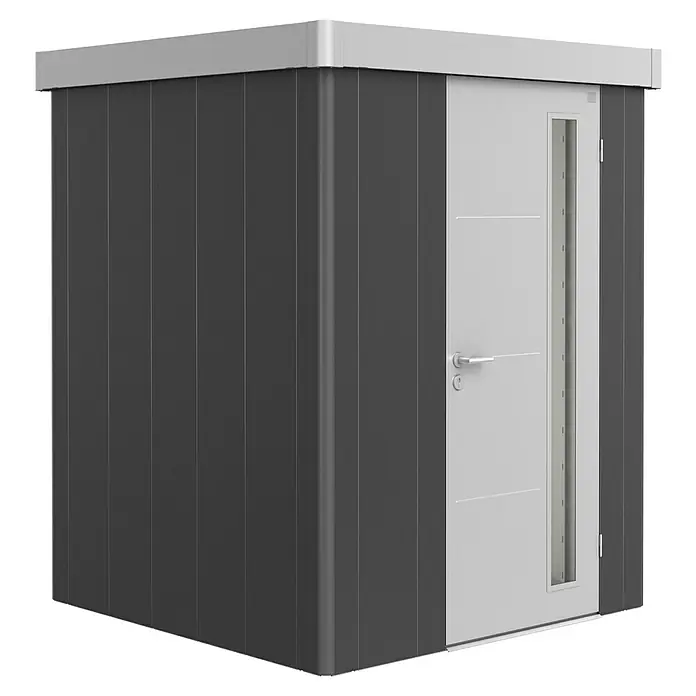 Biohort Gerätehaus Neo 1A - 180 cm, 180 cm, Stahl, Dunkelgrau Metallic, Silber Metallic - Diagonale Ansicht