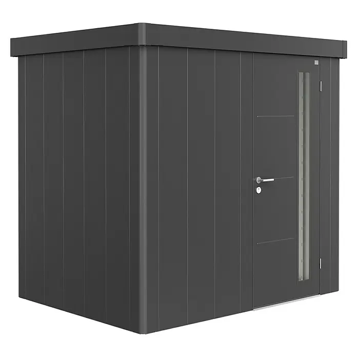 Biohort Gerätehaus Neo 1B - 236 cm, 180 cm, Stahl, Dunkelgrau Metallic, Einzeltür - Diagonale Ansicht